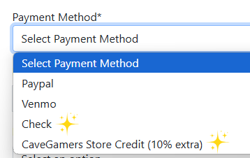 New payment methods dropdown showing Check and CaveGamers Store Credit options